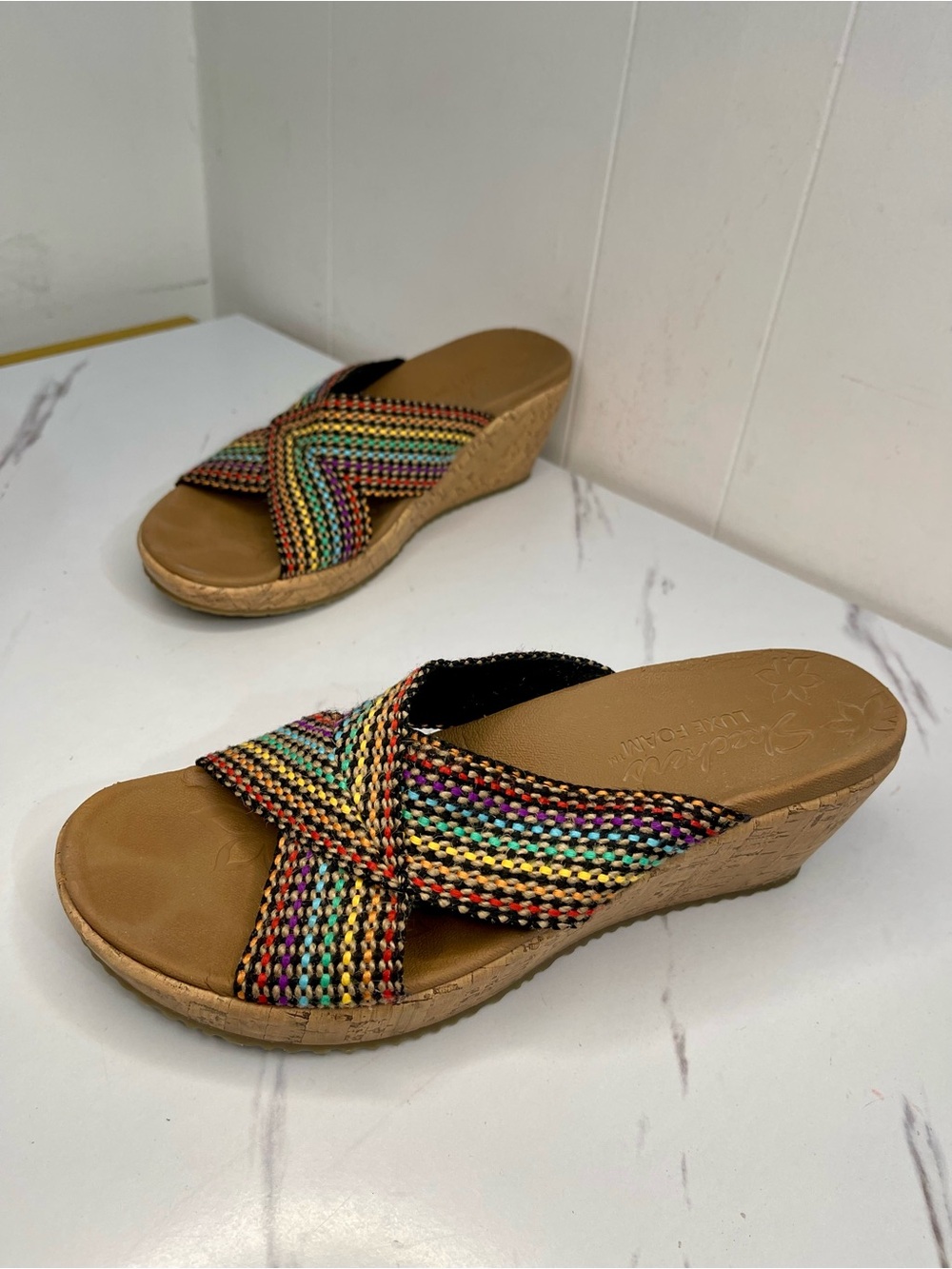 Skechers Multicolor Woven Crossband Wedge Slides Size 8M